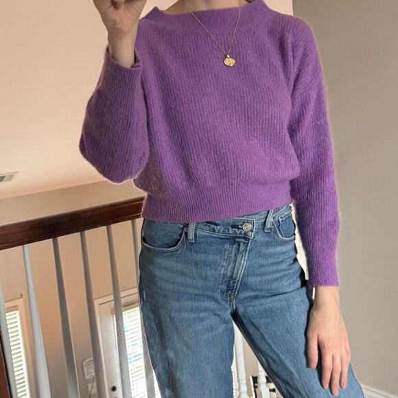 Cropped vibrant purple mohair blend crewneck sweater - Picture 1 of 8